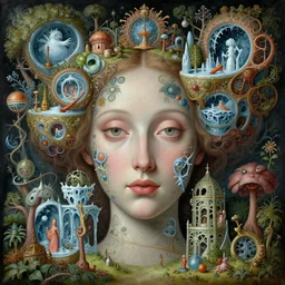 a beguiling fantasy matte painting of an intricate beautiful portrait face of a georgeous woman designed by heironymous bosch, structures inspired by heironymous bosch's garden of earthly delights, surreal ice interiors by cyril rolando and asher durand and natalie shau, insanely detailed, whimsical, intricate, sharp focus