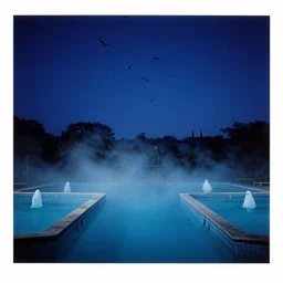swarm of birds, night sky with stars, ghosts in vintage swimming pools, lush fog, deep blue mood, contemporary archival color photograph print from the original negative, by stanley kubrick