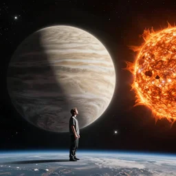 man as big as the solar system standing in space, next to the sun, hyperrealistic photo, intricate, 8k highly professionally detailed, HDR, CGsociety
