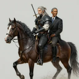 geralt the witcher 3 riding a horse with obama, d & d, fantasy, intricate, elegant, highly detailed, digital painting, artstation, concept art, matte, sharp focus, illustration, hearthstone, art by artgerm, art by greg rutkowski, art by alphonse mucha