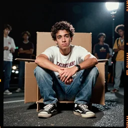 First Official image from Cardboard, new drama film directed by Spike Jonze starring Tony Revolori as a Philadelphia b-boy in 1990 in the streets at night, shot on Kodak Vision 200T, stunning cinematography, light diffusion, film grain, 8k print, anamorphic lens.