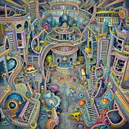 colorful, creepy landscape painting of detailed interior of giant underwater marine theme park lemu, erste boden, completely flooded, destroyed, submerged, ruined, wrecked by craig mullins