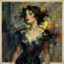 1920s art deco by Tito Corbella, moody, an abstract portrait of a lady enshrouded in a surrealist representation of quick frenzied motion blur of movement, abstract, 70s art by Jack Gaughan, by Igor Scherbakov by Anthony Cudahy, vintage postcard illustration, cover art by Mitchell Hooks