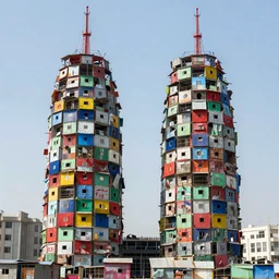 two towers, made up of colourful makeshift squatter shacks, holes scattered, dystopia, sony a 7 r 3, f 1 1, fully frontal view, photographed by jeanette hagglund