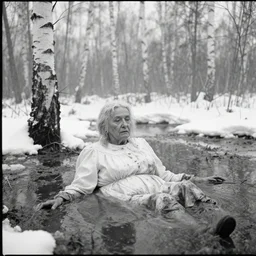 movie still by tarkovsky of a frozen elder woman in a dirty white dress drowned in a swamp with snow and birch, cinestill 8 0 0 t 3 5 mm black and white, heavy grain, high quality, muddy, foggy