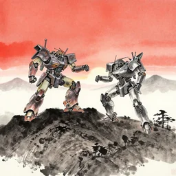japanese ink style landscape of a summrai fighting robots on a mountain during sunset