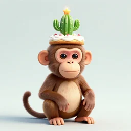 a monkey is wearing a birthday cactus cake on his head