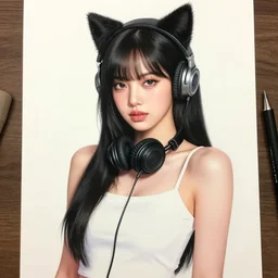 realistic beautiful gorgeous natural cute Blackpink Lalisa Manoban black hair fur black cat ears, wearing white camisole summer outfit, headphones, black leather choker artwork drawn full HD 4K highest quality in artstyle by professional artists WLOP, Aztodio, Taejune Kim, Guweiz on Pixiv Artstation