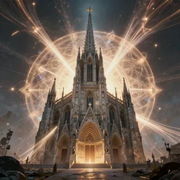 a centered photo real render of a post apocalyptic cathedral surrounded by glowing fractals and ornate flowing light streams sacred geometry, by beeple, by donato giancola, unreal engine