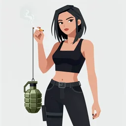 cyberpunk woman, cigarette dangling, grenade in hand, vector graphic by jason chan, ultradetailed, 8 k
