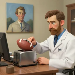 doctor cooking a football in a toaster in his office, painting by grant wood and wayne barlow, 3 d rendering by beeple,