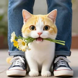 pov shot photography of yellow - pattern - fur white cat, exogenous flowers bouquet in her mouth, under my feet, person wearing jeans and sneakers, large happy eyes, symmetry, face symmetry, octane render, photorealistic, 8 k