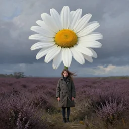 portrait, gigantic daisy flower over head, a girl wearing coat in heather field, surreal photography, wind and cold, dramatic sky, impressionist painting, digital painting, artstation, simon stalenhag