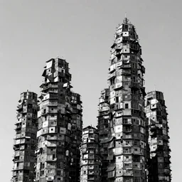 giant towers made up of makeshift squatter shacks, mamiya, uniform plain sky, fine details, minimalist, photographed by hiroshi sugimoto