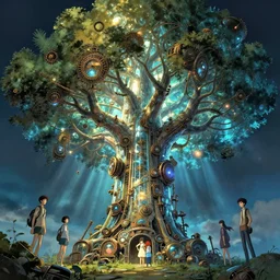 a giant glimmering steampunk tree with a big trunk made of glass, high intricate details, rule of thirds, golden ratio, cinematic light, 8 k, octane render, anime style, graphic novel by fiona staples and dustin nguyen, art by beaststars and orange, peter elson, alan bean, studio ghibli, makoto shinkai