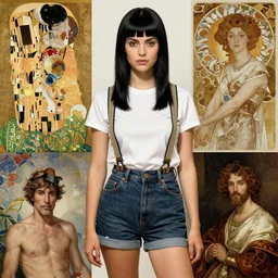 a woman with black hair and long pixie haircut in shorts with suspenders and white t-shirt drawn by Alexandre Cabanel, norman rockwell, frank frazetta, alphonso azpiri, maler collier, peter paul rubens, alphonse mucha, gustav klimt 4k, unreal 5, DAZ, french noveau, trending on artstation, octane render, hyperrealistic