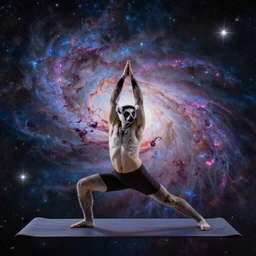 lemur in inspiring yoga pose in cosmic space with nebula and stars, breathtaking abstract digital art, award winning