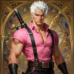 painted gambit rugged young james franco as gambit with pink shirt by greg rutkowski craig mullins artgerm alphonse mucha, white hair handsome muscular x - men costume background fantasy intricate elegant detailed digital painting concept art artstation sharp focus illustration