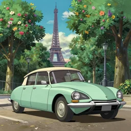 a wholesome beautiful animation key shot of!! one!! focused!! 1 9 7 4 citroen ds!! in a tree lined paris street, slight view of eiffel tower, medium shot, studio ghibli, ( pixar ) and disney animation, sharp, very detailed, high resolution, rendered in unreal engine 5, anime key art by greg rutkowski, bloom, dramatic lighting