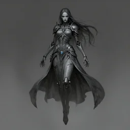 female revenant, grey tarnished robes, vengeful, floating, no legs, high fantasy, magitek, monochromatic, matte digital illustration, by koyorin, donato giancola, pixiv