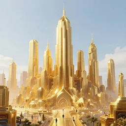 a giant golden sci - fi city by greg rutkowski, sung choi, mitchell mohrhauser, maciej kuciara, johnson ting, maxim verehin, peter konig, 8 k photorealistic, cinematic lighting, hd, high details, dramatic, atmosphereric, trending on artstation