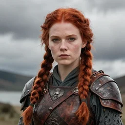 north female warrior, red hair, ginger hair, fantasy, high detailed, photography, cloudy, lightweight leather armour, Scandinavia, plain, detailed face, cute face, model, glowing skin, two large braids, serious face professional photographer, masterpiece, 8k, 3D