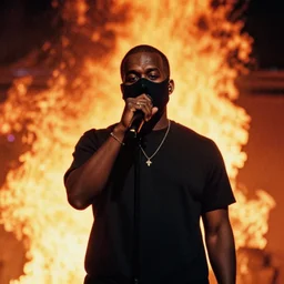 kanye west performing at camp flog gnaw while wearing a mask, bokeh, color grading, filmic, dslr, velvia, vintage, spectral color, post - production, fire, inferno, burning