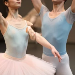 pas de deux, two ballet dancers doing adagio dance photography, pastel colors palette, anatomic photography, high detail, zoom in, foreshortening, natural light