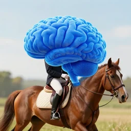 a blue brain riding a horse