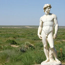 an endless desert landscape with lush vegetation in the style of michelangelo with a stone statue of a bull placed in the middle of the foreground, raytracing, 8 k, octane render, volumetric, vivid, beautiful, hyperrealism