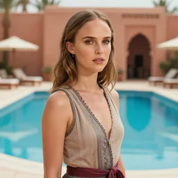 Natalie Portman in marrakech Next to the pool, portrait,digital art,ultra realistic,ultra detailed,art by greg rutkowski