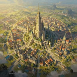 A beautiful painting of a large fantasy town seen from the sky, cinematic composition, concept art, golden ratio, matte painting, Marc Simonetti, Sergey Vasnev, Anato Finnstark, artstation, 8k, high resolution