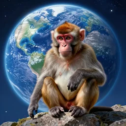 “ monkey in space, exploding earth in the background ”