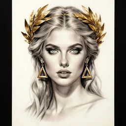 realism tattoo sketch of beautiful super model aphrodite greek goddess wearing a gold laurel wreath and triangle earrings,, beautiful piercing gaze with sharp pupils, beautiful blonde hair, in the style of greg rutkowski, fantasy, amazing detail, epic, elegant, smooth, sharp focus, front view