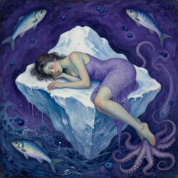 a female art student falling asleep, iceberg, dark, sensual, dreamy, waves, swirls, violet drips, fish, blueberries, octopus, neo - impressionist, surrealism
