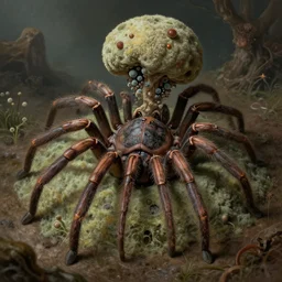 cordycepts militaris, infested spider, mind control fungus, fungal spider, fungus, spores, from within, mold, mycelium burst, 8 k, artgerm, artstation, highly detailed, anthropomorphic, by hieronymus bosch