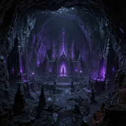 underground fortified neo - gothic dark elf city, temples, fortresses, purple fey lights, underground black stone landscape, horrific, horror,
