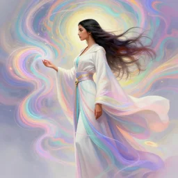 side profile, maya ali, wind sorcerer, d & d, dota, robes, elegant, concept art, smooth, colorful psychedelic swirly magic ripples, pastel colors, by greg rutkowski, jesper ejsing, ilya kuvshinov, artgerm, mucha