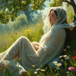 a girl in an artistic resting pose covered in lace intricate translucent loosen cloths surrounded by beautiful nature and meadows, highly detailed digital by artgerm, wlop, by alphonse mucha painting