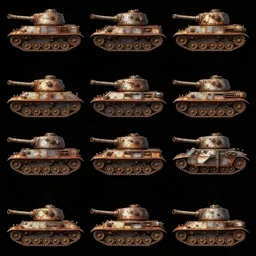 overhead view, digital painted rusted dieselpunk tank game asset sheet, grid arrangement, black background, from above, top view, top - down, unity asset store, by greg rutkowski, trending on artstation