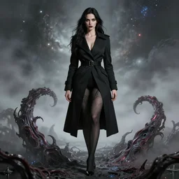 lady in black coat and pantyhose, cosmic horror style, intricate, confident pose, realistic, digital art, highly detailed