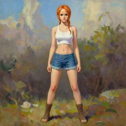 emma watson as nami from one piece, oil painting, full body.