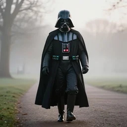 a photograph of darth vader strolling at hyde park, morning fog, volumetric lighting, high detail, realistic, 4 k, dreamy, high detail render, unreal engine