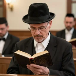 photo realistic, walter white praying in a chabad synagogue, wearing lubavitch garb, black borsalino hat tilted forward, holding a prayer book.