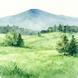 green landscape with trees and mountains in the distance, watercolor