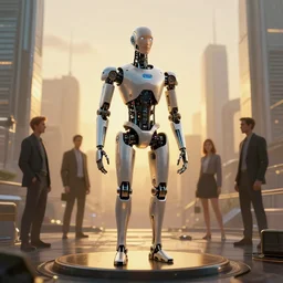 sentient ai robotic all knowing being designed by jony ive in cybercity, golden hour, poster by michael whelan and gilbert williams and evgeny lushpin and artgerm and alena aenami, 3 0 mm, well proportioned, highly detailed, rule of thirds, long exposure