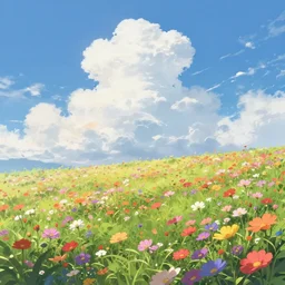 sky, summer, full of colorful flower, beautiful cloud, quiet, no people, anime background, illustration, sharp focus, intricate, smooth, super wide angle, trending on artstation, trending on deviantart