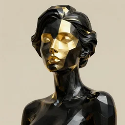 epic illustration, low poly gold, neobrutalistic, digital abstract sculpt of beautiful female face body and black swirling latex acrylic portrait, black latex sculpt, minimalism, mechanical superstructure, sacred geometry, 8 k, cinematic, magic hour, beautiful light, sculpture of carving marble, dark colors, filigree ornaments, one point light, clockwork, epic matte painting