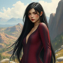 girl with long black hair in burgundy python snake skin bodysuit at sun hills biome. highly detailed, digital painting, watercolor, soviet realism, engraving, artstation, concept art, smooth, sharp focus, vivid grunge, manga, unreal engine 5, 8 k, art by bilibin and kilian eng and kuvshinov and malevich and mucha