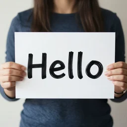 Photo of a person holding a sign with the word Hello written on it